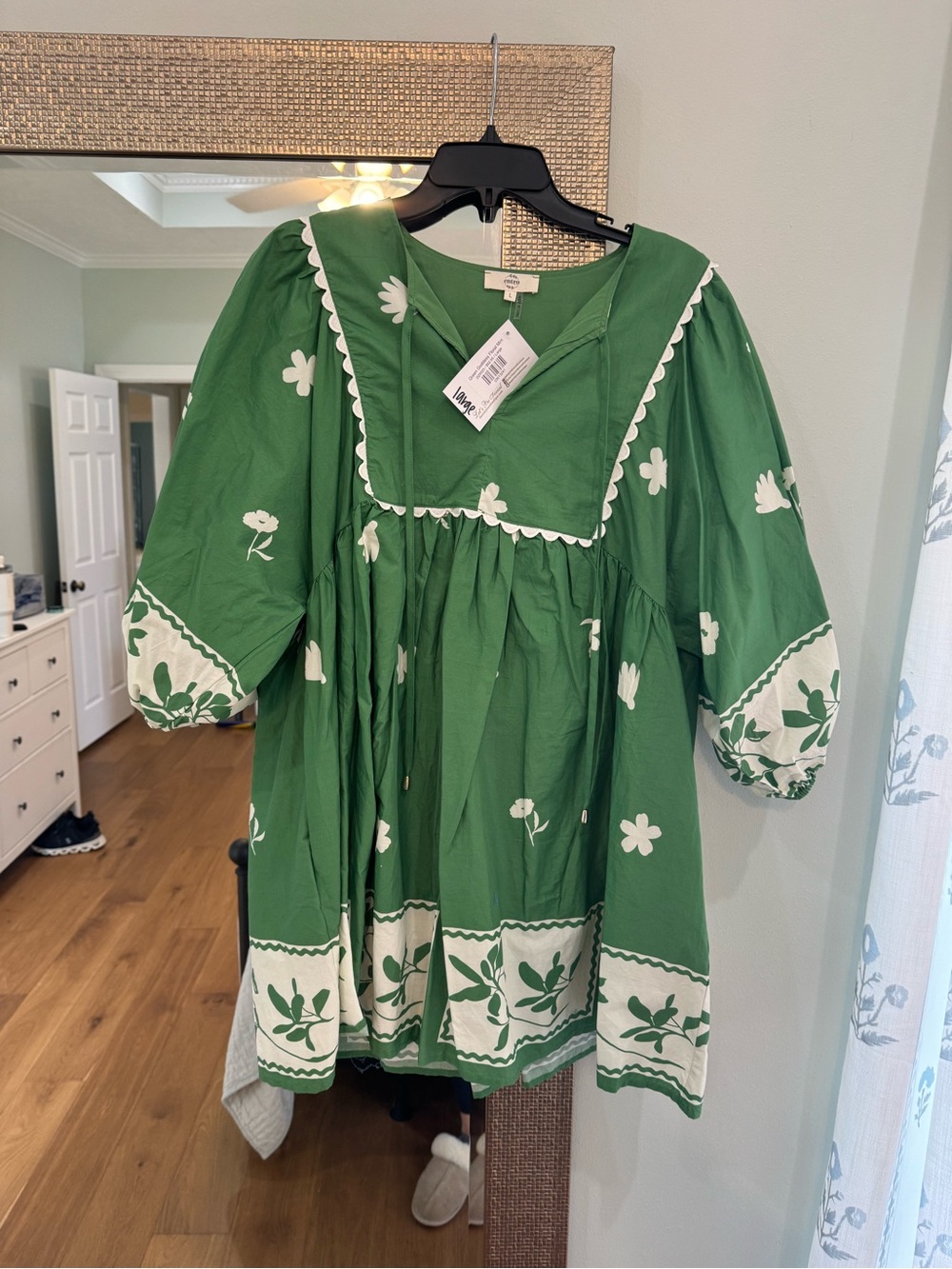 entro Green Floral Smock Mini Dress with White Trim